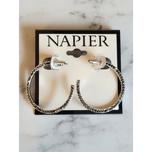 Napier Silver-Tone Black Crystal Hoop Earrings - Picture 1 of 4
